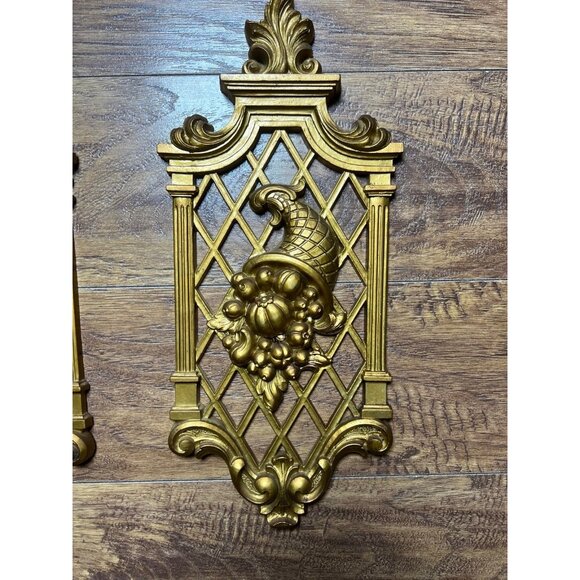 Vintage Wall Plaques Ornate Regency Dart 1970sGold Spring Floral Fall Bounty 4pc - Picture 2 of 10